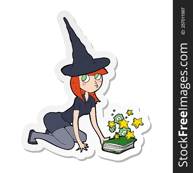 sticker of a cartoon witch and spell book
