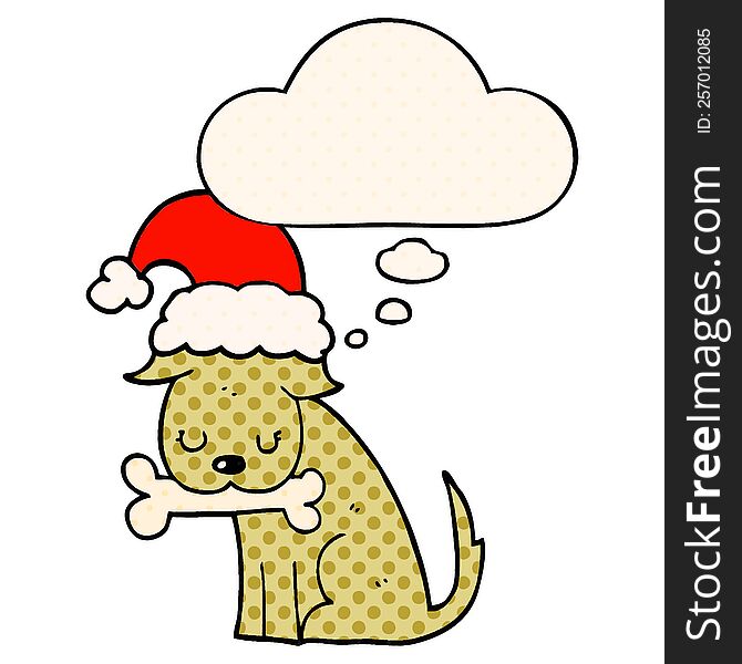 cute christmas dog with thought bubble in comic book style