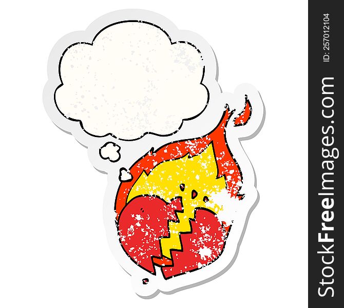 cartoon flaming heart with thought bubble as a distressed worn sticker