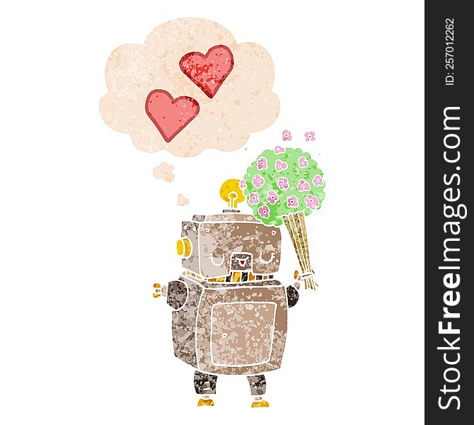 Cartoon Robot In Love And Thought Bubble In Retro Textured Style