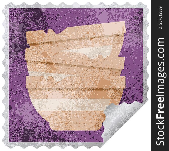 stack of cracked old bowls graphic square sticker stamp. stack of cracked old bowls graphic square sticker stamp