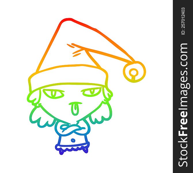 Rainbow Gradient Line Drawing Girl Wearing Christmas Hat