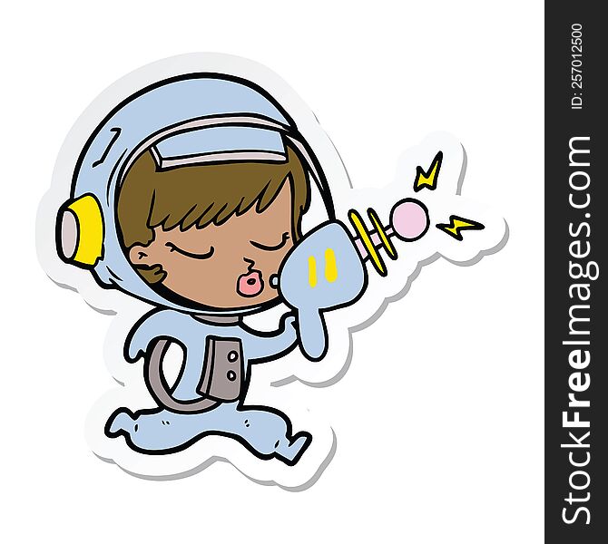 sticker of a cartoon pretty astronaut girl with ray gun