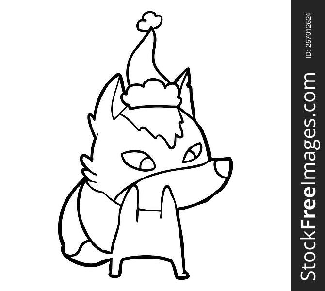 shy hand drawn line drawing of a wolf wearing santa hat. shy hand drawn line drawing of a wolf wearing santa hat