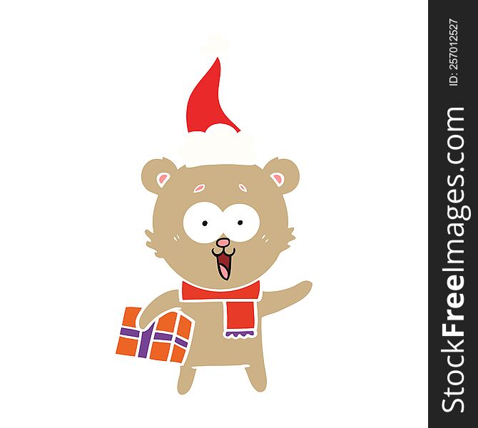 Laughing Teddy  Bear With Christmas Present Wearing Santa Hat