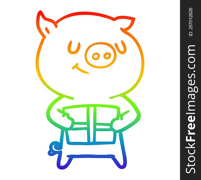 Rainbow Gradient Line Drawing Happy Cartoon Pig With Christmas Present