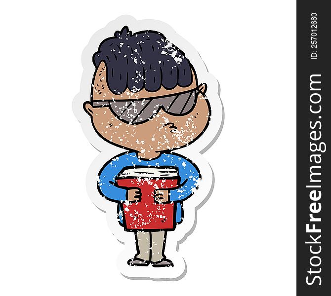 distressed sticker of a cartoon boy wearing sunglasses