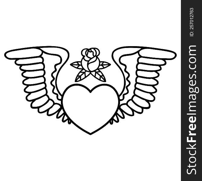 black line tattoo of a heart with wings