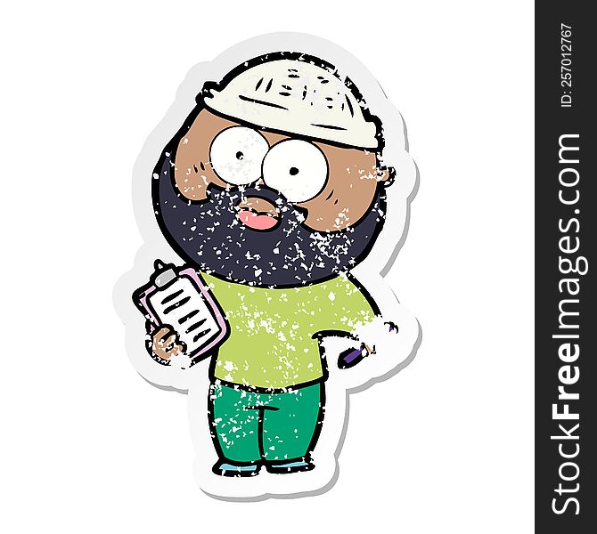 distressed sticker of a cartoon bearded man with clipboard and pen
