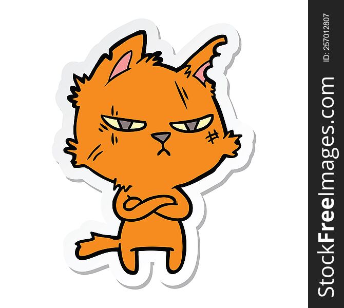 Sticker Of A Tough Cartoon Cat Folding Arms