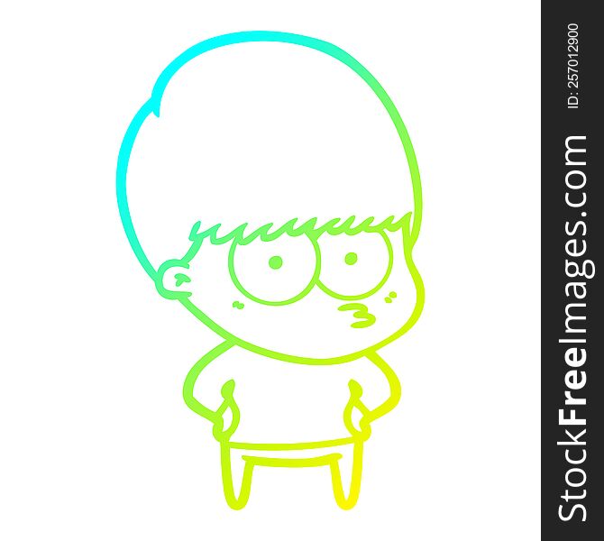 cold gradient line drawing of a nervous cartoon boy