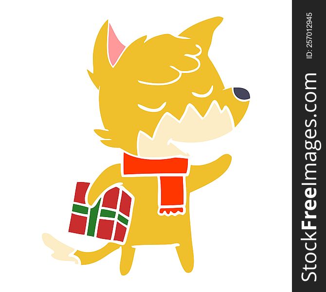 Friendly Flat Color Style Cartoon Fox With Christmas Present