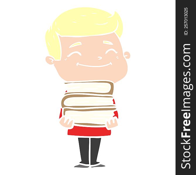 happy flat color style cartoon man with stack of books