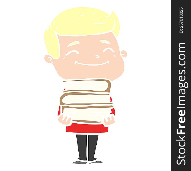 Happy Flat Color Style Cartoon Man With Stack Of Books