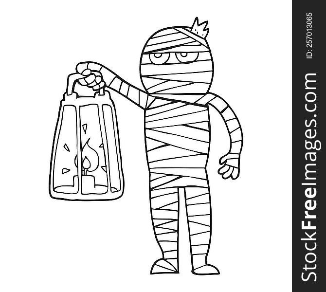 freehand drawn black and white cartoon mummy