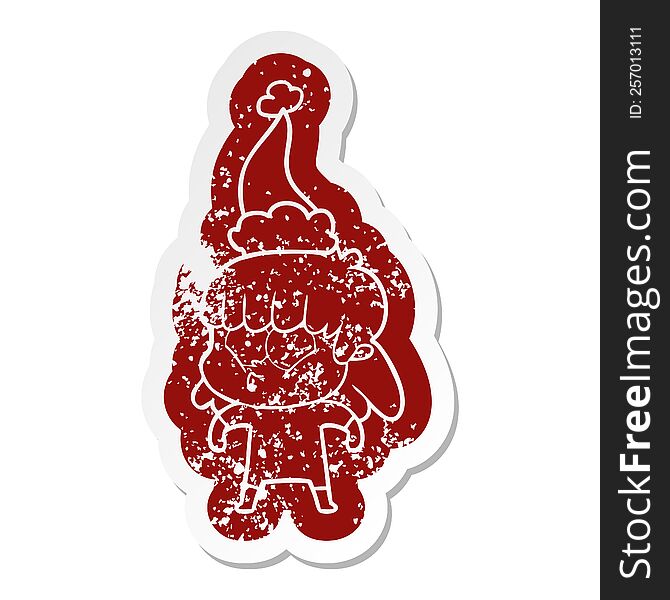 quirky cartoon distressed sticker of a whistling girl wearing santa hat