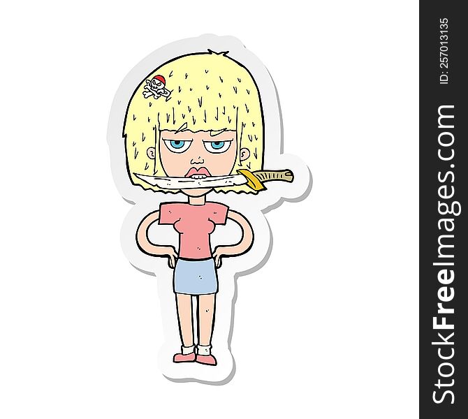 sticker of a cartoon woman with knife between teeth