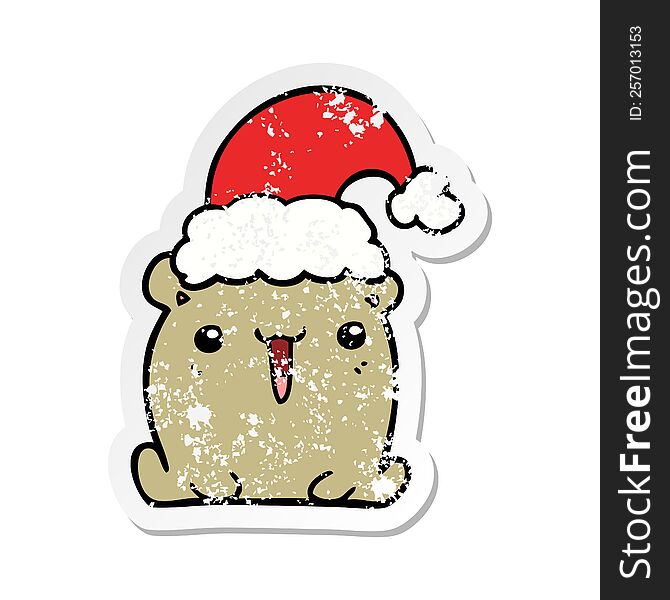 Distressed Sticker Of A Cute Cartoon Bear With Christmas Hat