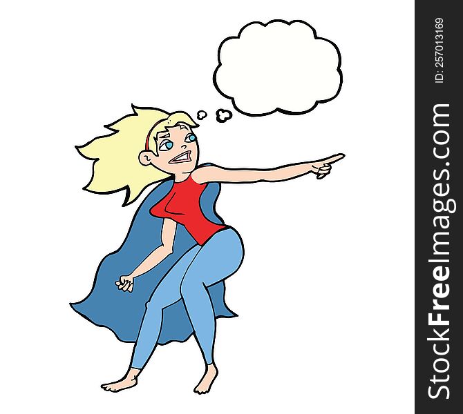 cartoon superhero woman pointing with thought bubble