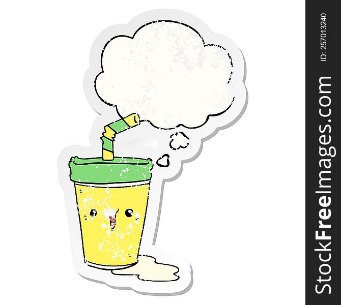 cute cartoon soda with thought bubble as a distressed worn sticker