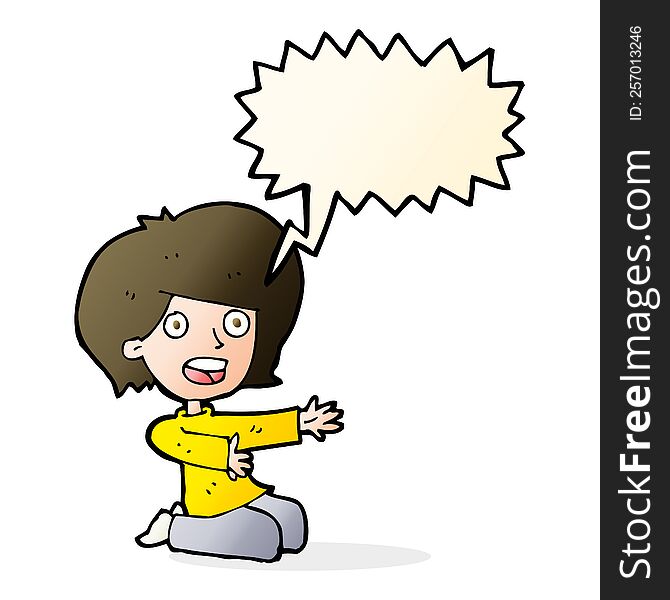 Cartoon Shocked Woman On Knees With Speech Bubble