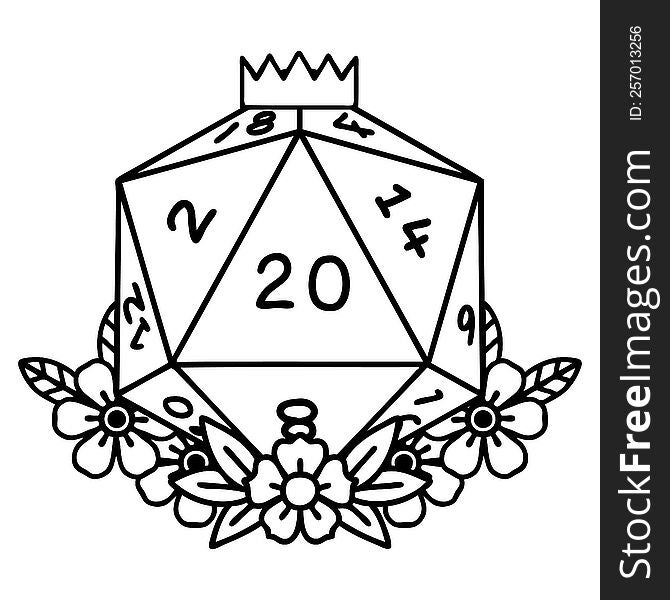 tattoo in black line style of a d20. tattoo in black line style of a d20