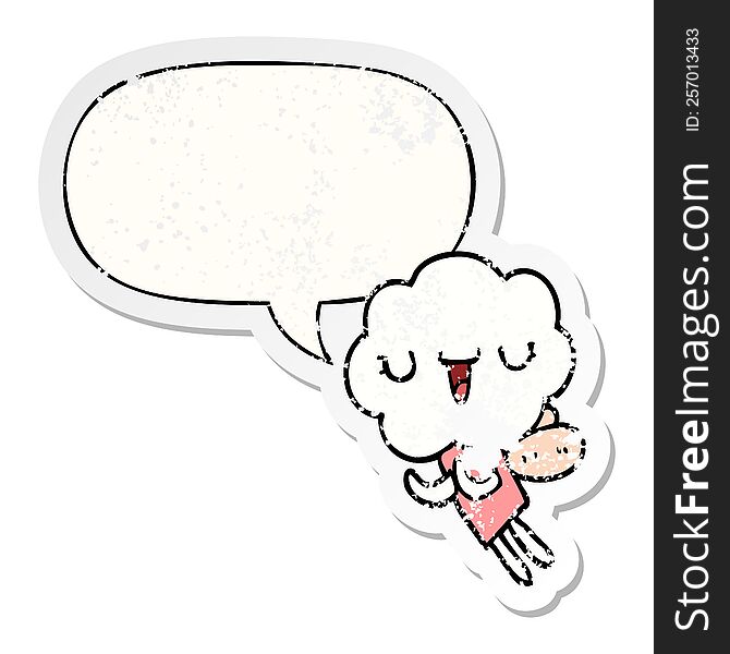 cute cartoon cloud head creature with speech bubble distressed distressed old sticker. cute cartoon cloud head creature with speech bubble distressed distressed old sticker