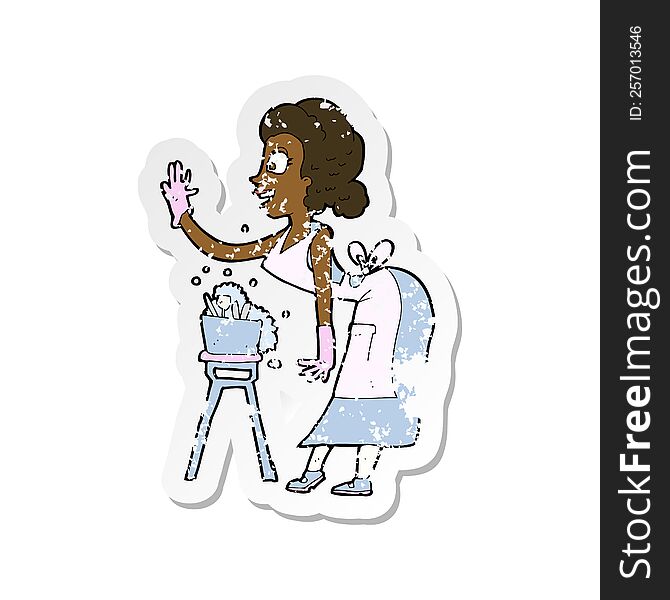 retro distressed sticker of a cartoon housewife washing up