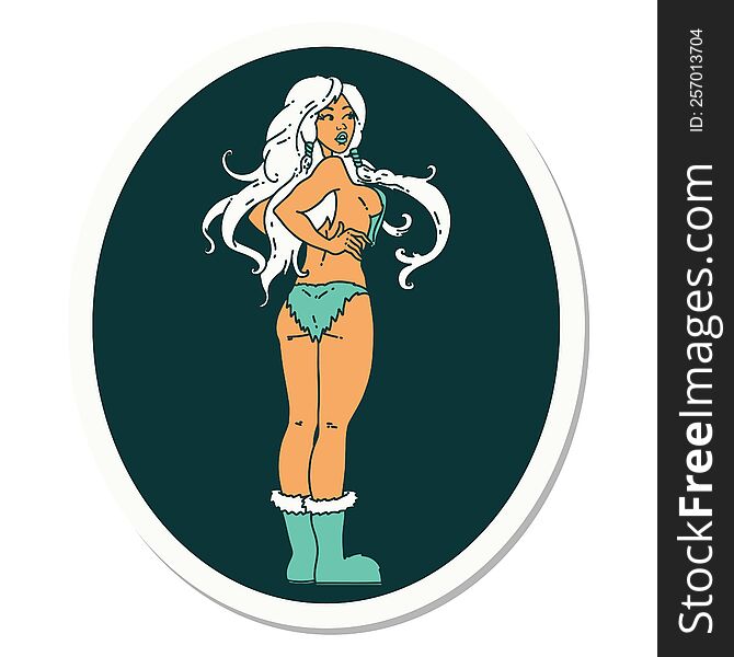 sticker of tattoo in traditional style of a pinup viking girl. sticker of tattoo in traditional style of a pinup viking girl