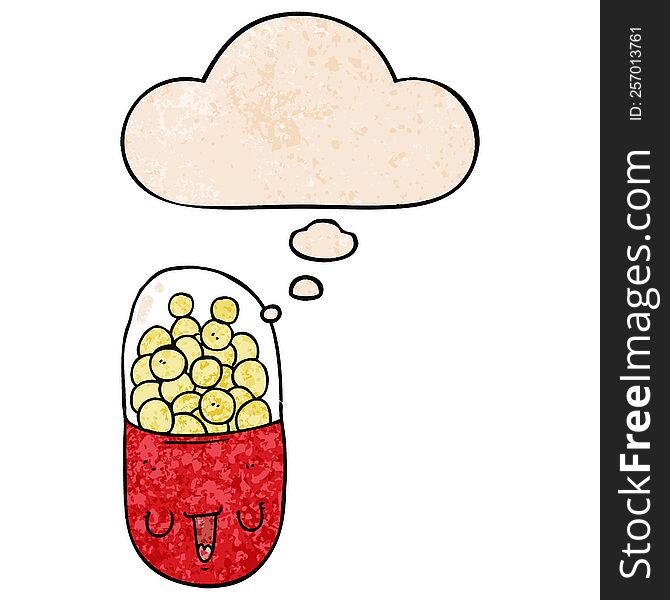 cartoon medical pill with thought bubble in grunge texture style. cartoon medical pill with thought bubble in grunge texture style