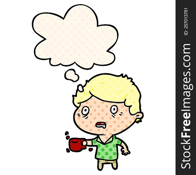 cartoon man with cup of coffee with thought bubble in comic book style