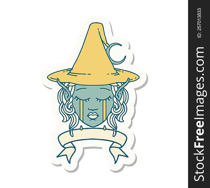 sticker of a crying elf mage character face wiht banner. sticker of a crying elf mage character face wiht banner