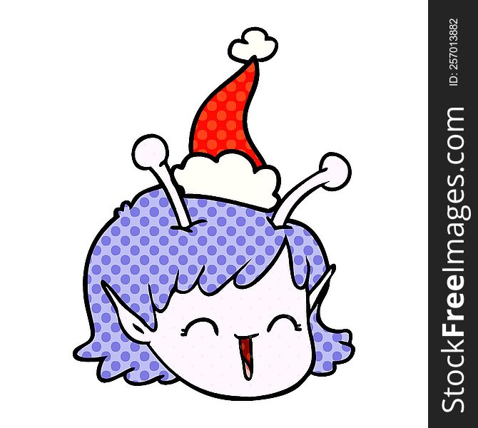 hand drawn comic book style illustration of a alien space girl face wearing santa hat