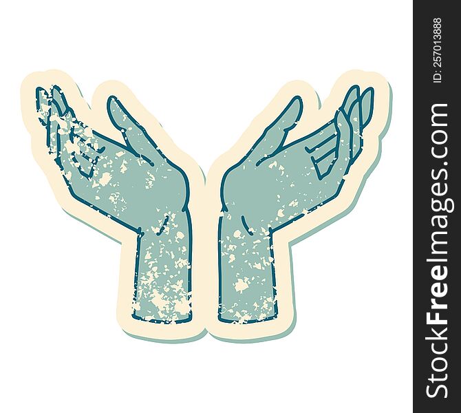 iconic distressed sticker tattoo style image of open hands. iconic distressed sticker tattoo style image of open hands