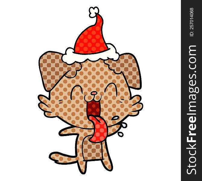 hand drawn comic book style illustration of a panting dog wearing santa hat