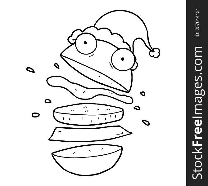 hand drawn line drawing of a amazing burger wearing santa hat