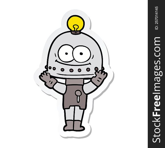 sticker of a happy carton robot with light bulb