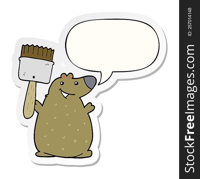 cartoon bear and paint brush and speech bubble sticker