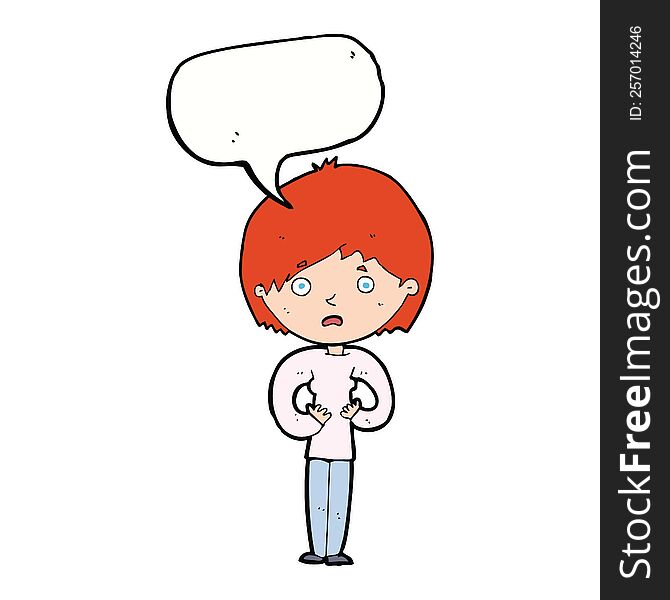 cartoon woman making Who Me? gesture with speech bubble