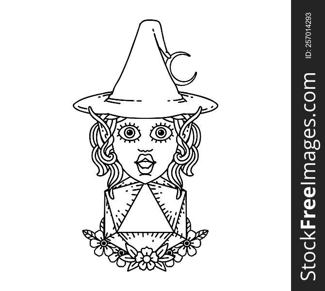 Black and White Tattoo linework Style elf mage character with natural twenty dice roll. Black and White Tattoo linework Style elf mage character with natural twenty dice roll