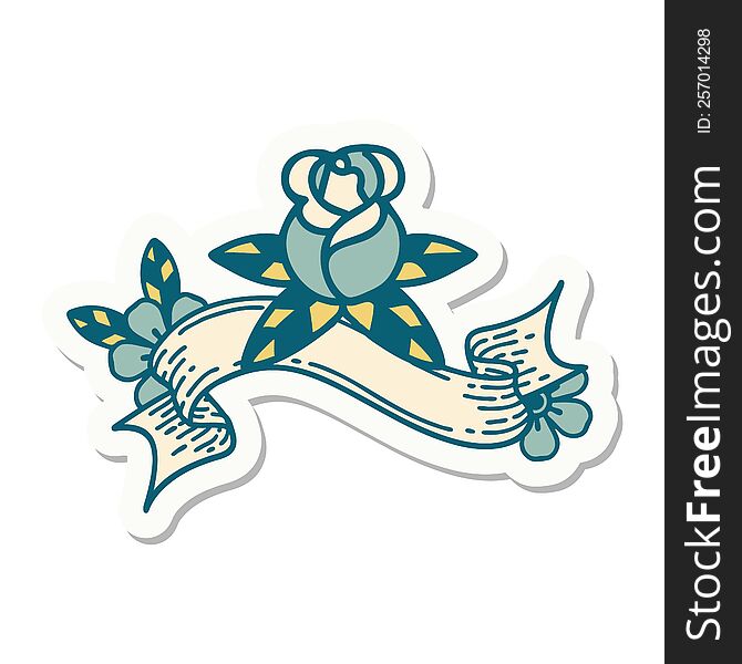 tattoo style sticker with banner of a single rose