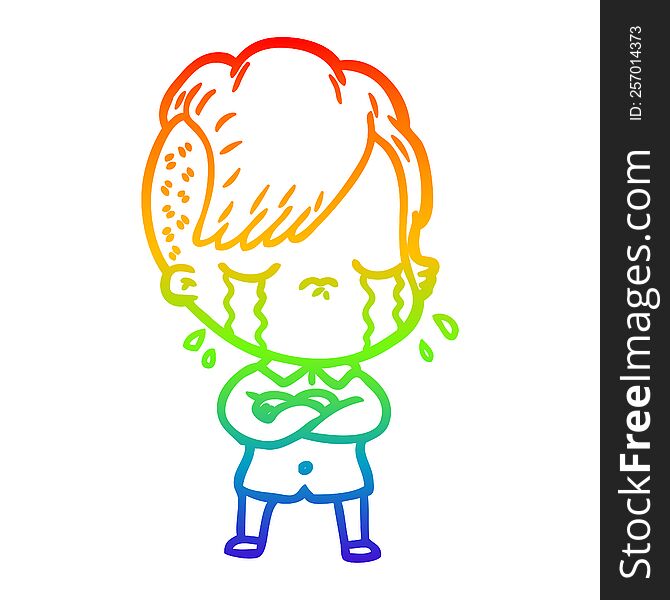 Rainbow Gradient Line Drawing Cartoon Crying Girl With Crossed Arms