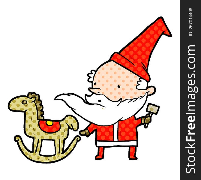 cartoon santa (or elf) making a rocking horse. cartoon santa (or elf) making a rocking horse