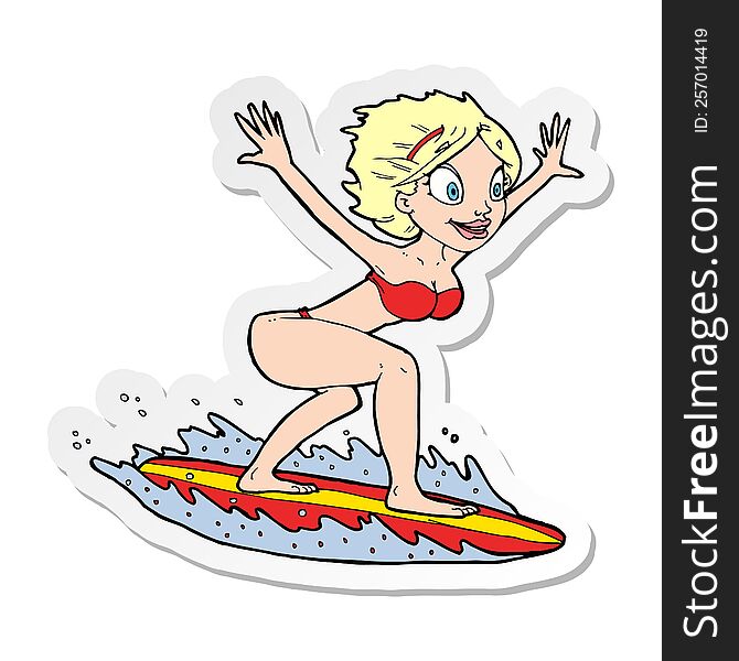 sticker of a cartoon surfer girl