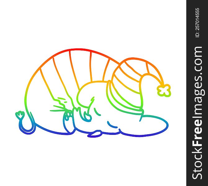 rainbow gradient line drawing of a cartoon sleeping elephant in pajamas