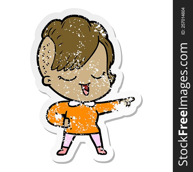 Distressed Sticker Of A Happy Cartoon Girl Pointing