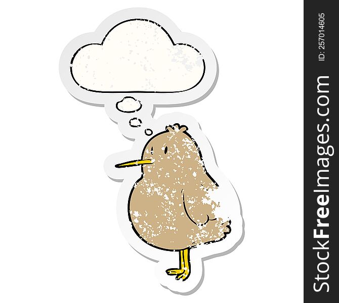 cartoon kiwi bird with thought bubble as a distressed worn sticker