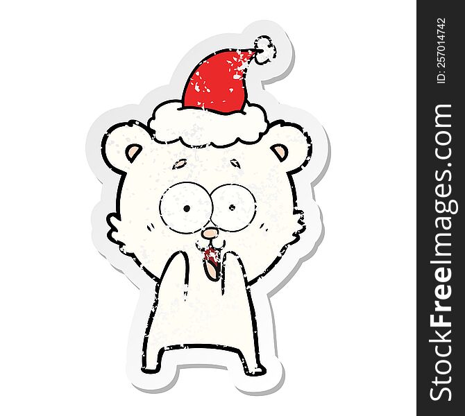 excited teddy bear distressed sticker cartoon of a wearing santa hat