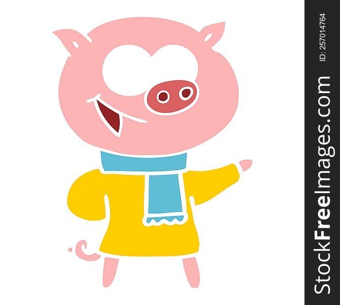 cheerful pig wearing winter clothes flat color style cartoon
