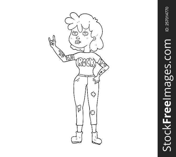 freehand drawn black and white cartoon rocker girl